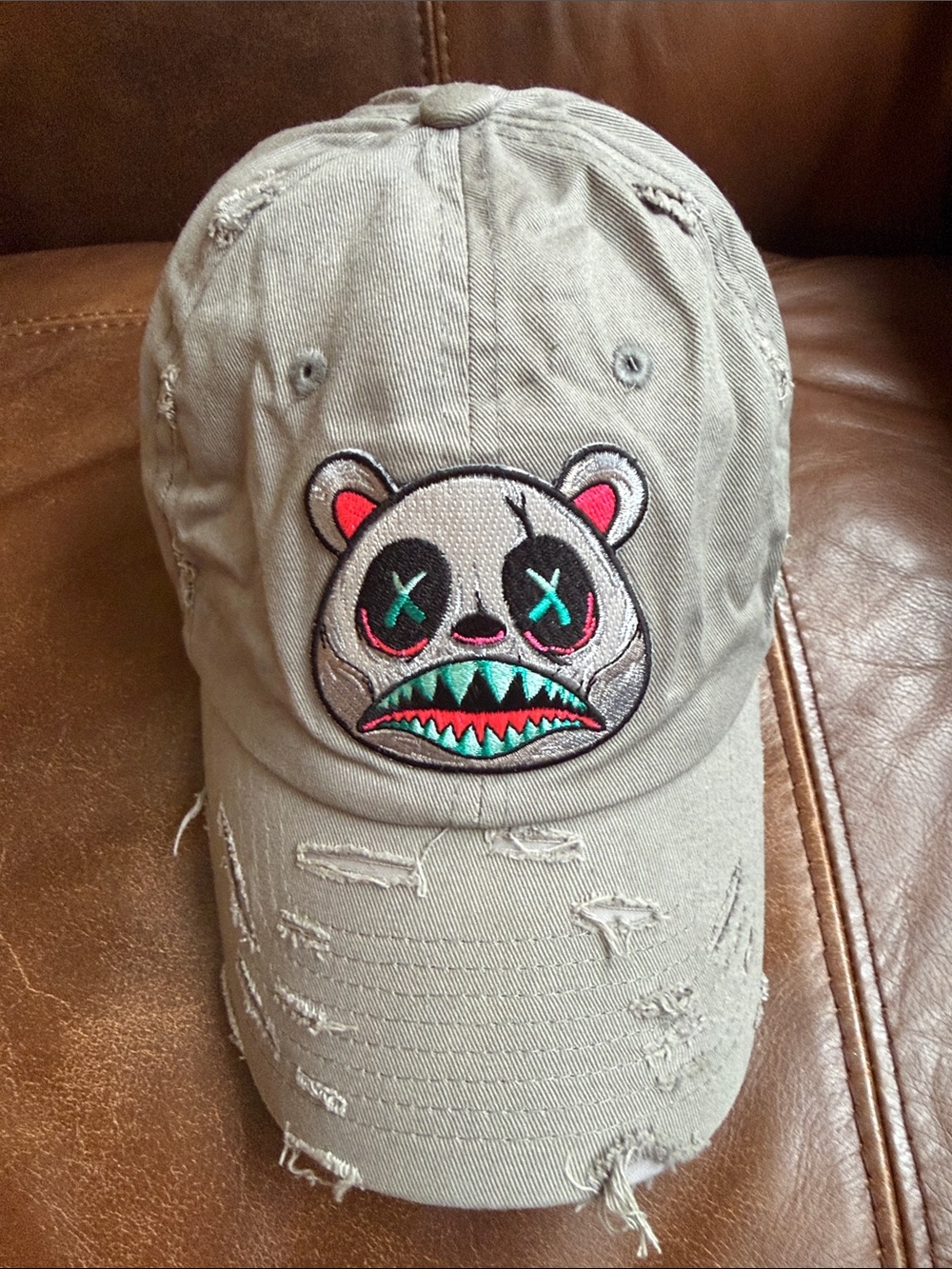 One size fit all Distressed Grey Baseball Cap with Embroidered Monster Face